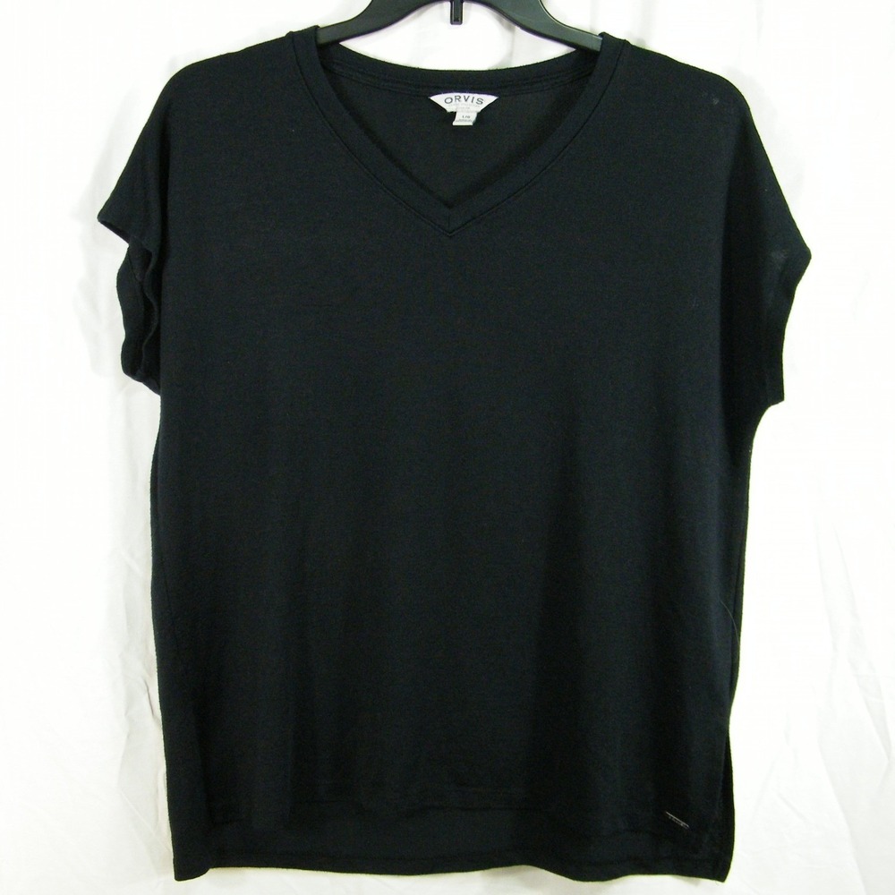 Orvis V-Neck Women L Black Minimalist Clean Girl Basics Stretch Short Sleeve Top